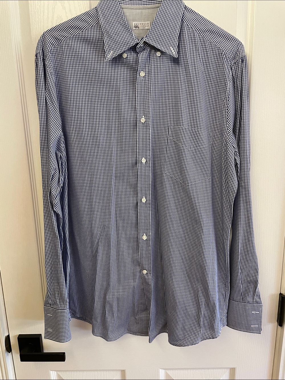 Brunello Cucinelli Men's Navy and White Micro-Check Dress Shirt